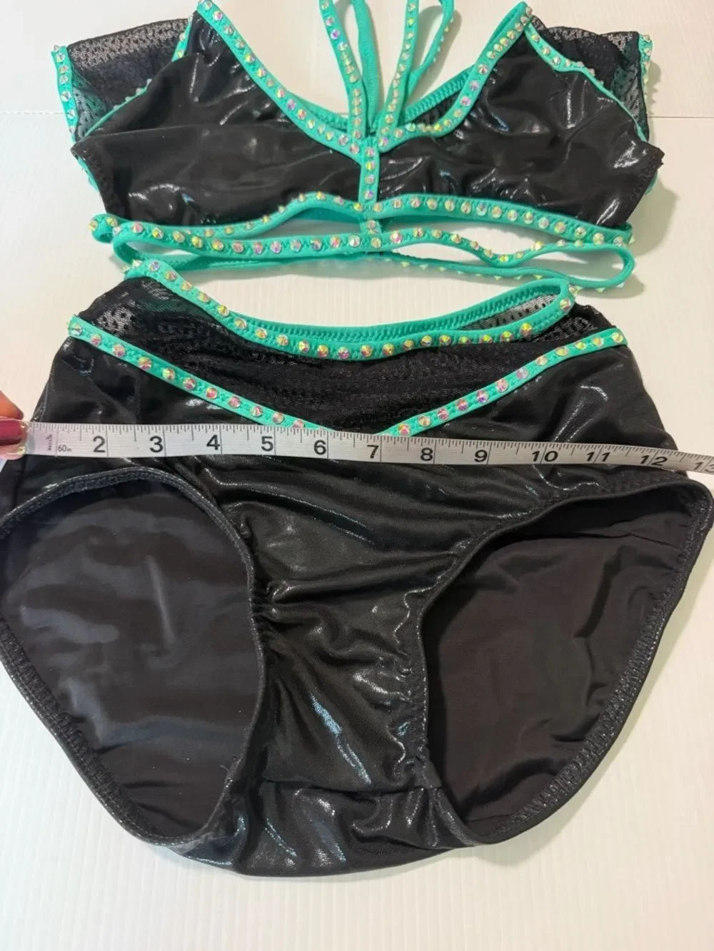 Custom dance costume leotard black aqua blue 2 piece SA-Small adult